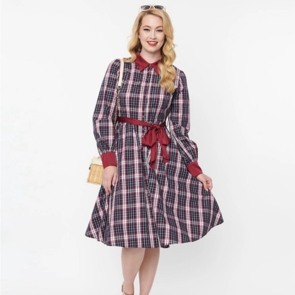 Unique Vintage Dresses & Skirts - Unique Vintage Plaid Burgundy & Black Long Sleeve Collared Dress NWT Extra Large